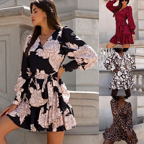 Damen nan Wickelkleid mit Leopardenmuster, V-Ausschnitt, geraffter Taillenpartie und mehrlagigem Stufenrock Echo Archiv