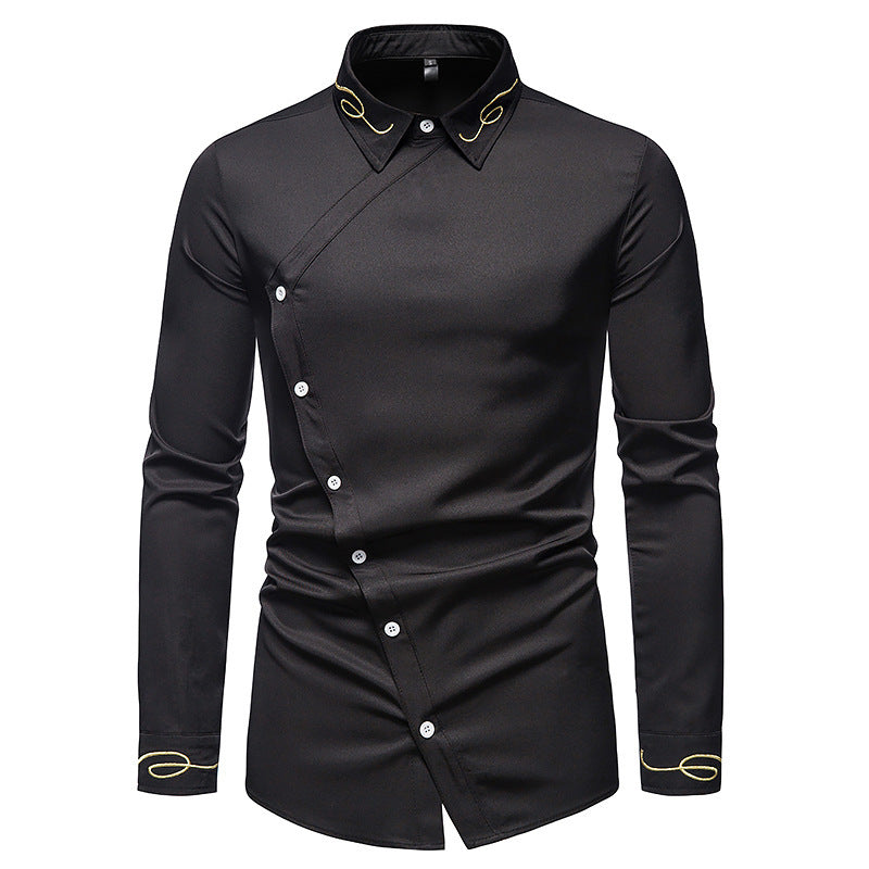 Herren Elegantes Langarmhemd mit asymmetrischem Knopfdesign und gesticktem Kragen Echoarchiv