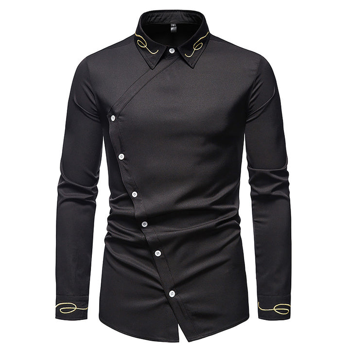 Herren Elegantes Langarmhemd mit asymmetrischem Knopfdesign und gesticktem Kragen Echoarchiv