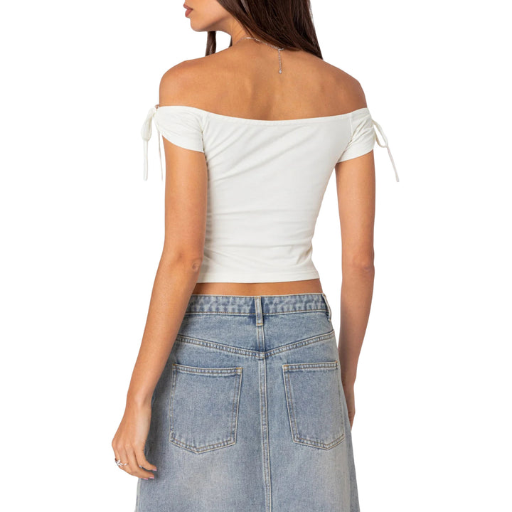 Damen raffiniertes Off-Shoulder T-Shirt mit eleganten Bindebändern Echo Archiv
