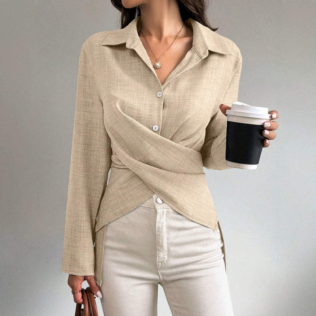 Damen Wickelbluse mit Hemdkragen und asymmetrischem Saum Echoarchiv