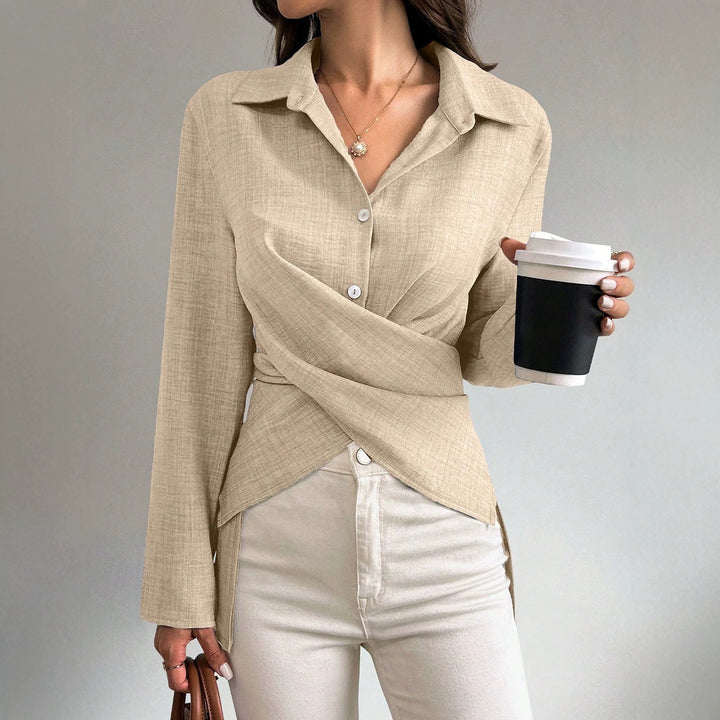 Damen Wickelbluse mit Hemdkragen und asymmetrischem Saum Echoarchiv