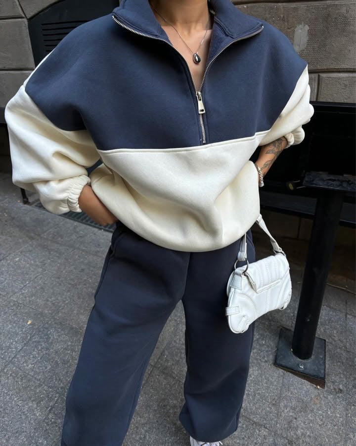 Damen Oversized Zweifarbiges Half-Zip Loungewear-Set mit Stehkragen und weitem Palazzo-Jogger – Avérine