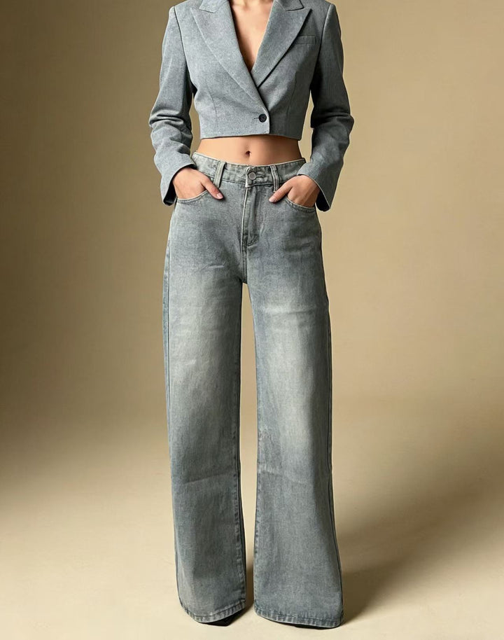 Damen weite Denim-Hose mit Vintage-Waschung und hoch geschnittenem Bund Echo Archiv