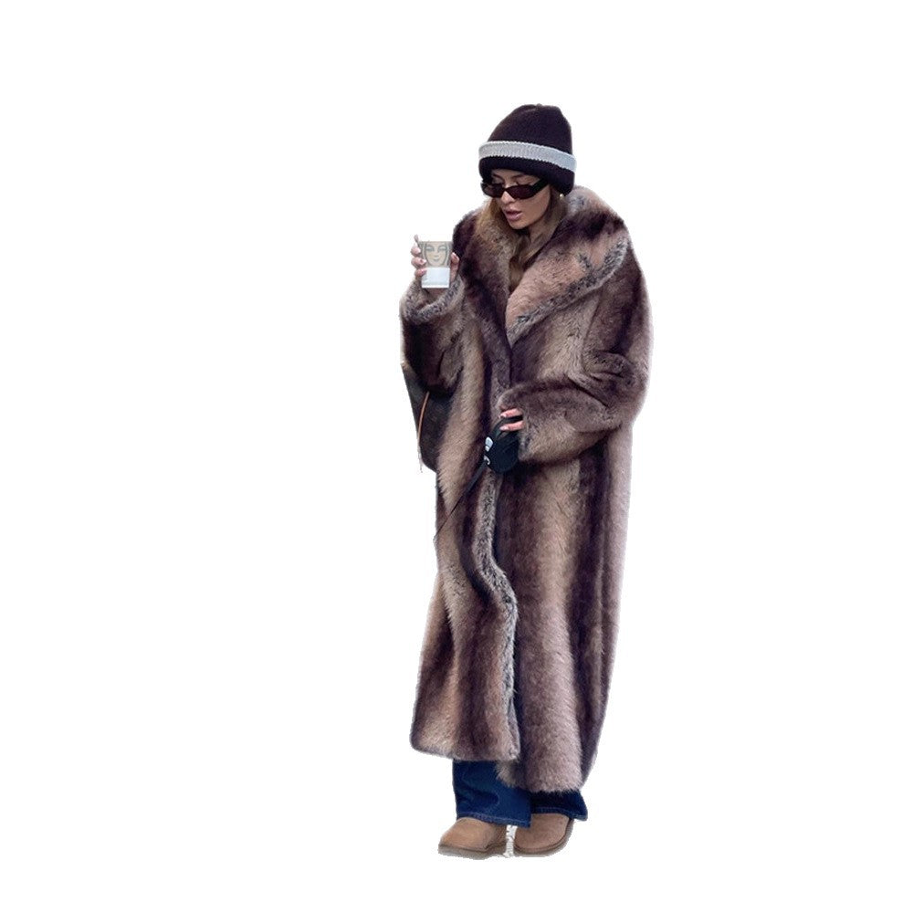 Damen Maxilanger Oversize Kunstfellmantel mit Vintage-Schnitt und weitem Reverskragen Echoarchiv