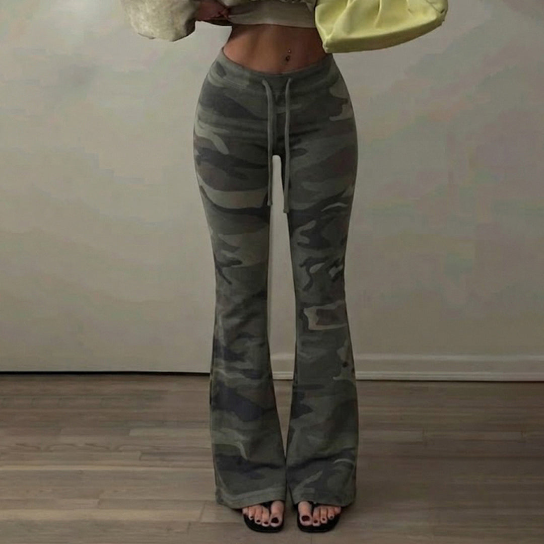 Damen Weiche Schlaghose im Camouflage-Muster mit Tunnelzug und hoher Taille Echo Archiv