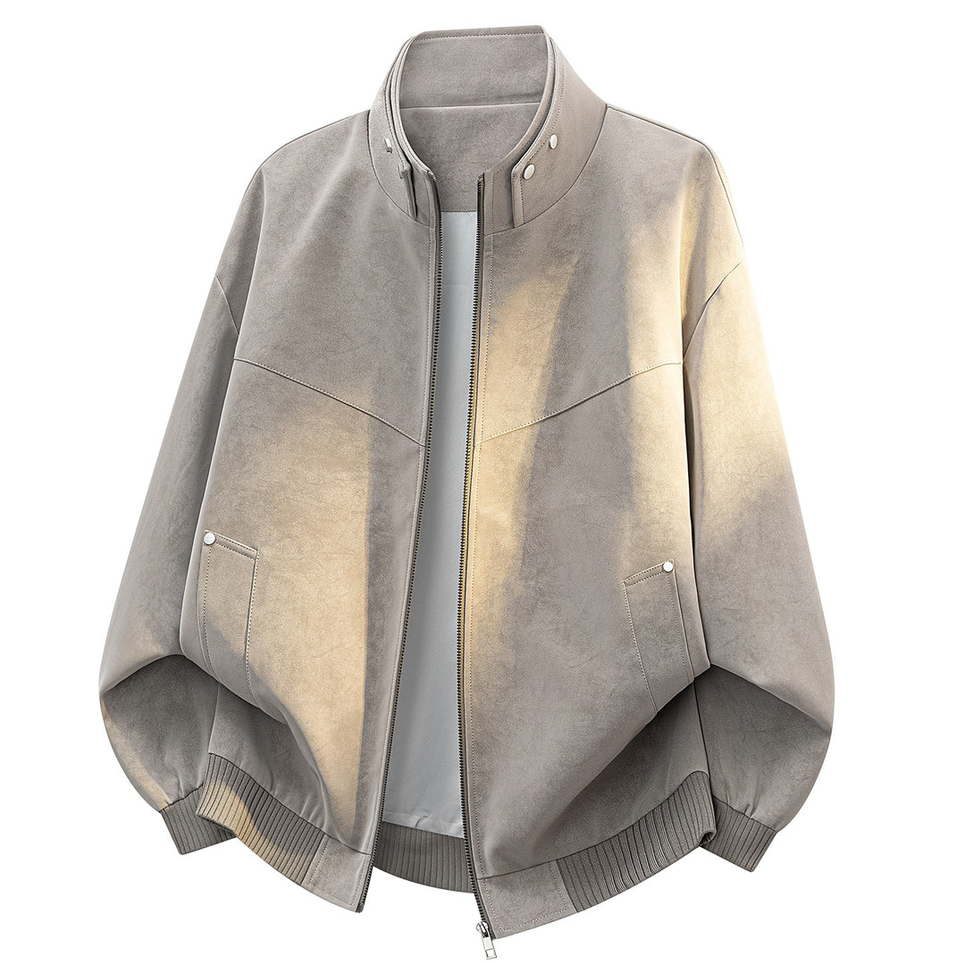 Unisex Oversize Suede‑Optik Bomberjacke mit Stehkragen, verdecktem Reißverschluss & Eingrifftaschen Echoarchiv