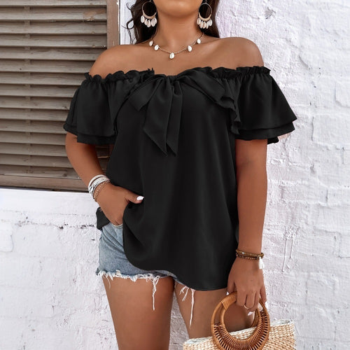 Damen Off-Shoulder Oberteil mit Schleifen-Details und Rüschensäumen Echo Archiv