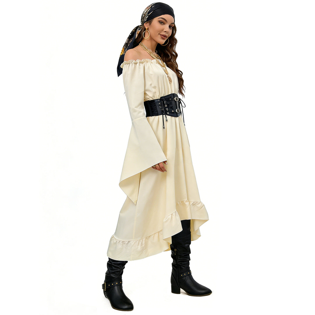 Damen nan schulterfreies Maxikleid mit Volantstufen und weiten Trompetenärmeln Echo Archiv