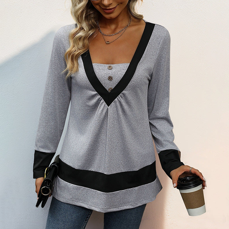 Damen Longsleeve mit tiefem V-Ausschnitt, Zierknopfleiste und Kontrastbordüren Echoarchiv