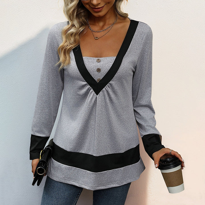 Damen Longsleeve mit tiefem V-Ausschnitt, Zierknopfleiste und Kontrastbordüren Echoarchiv