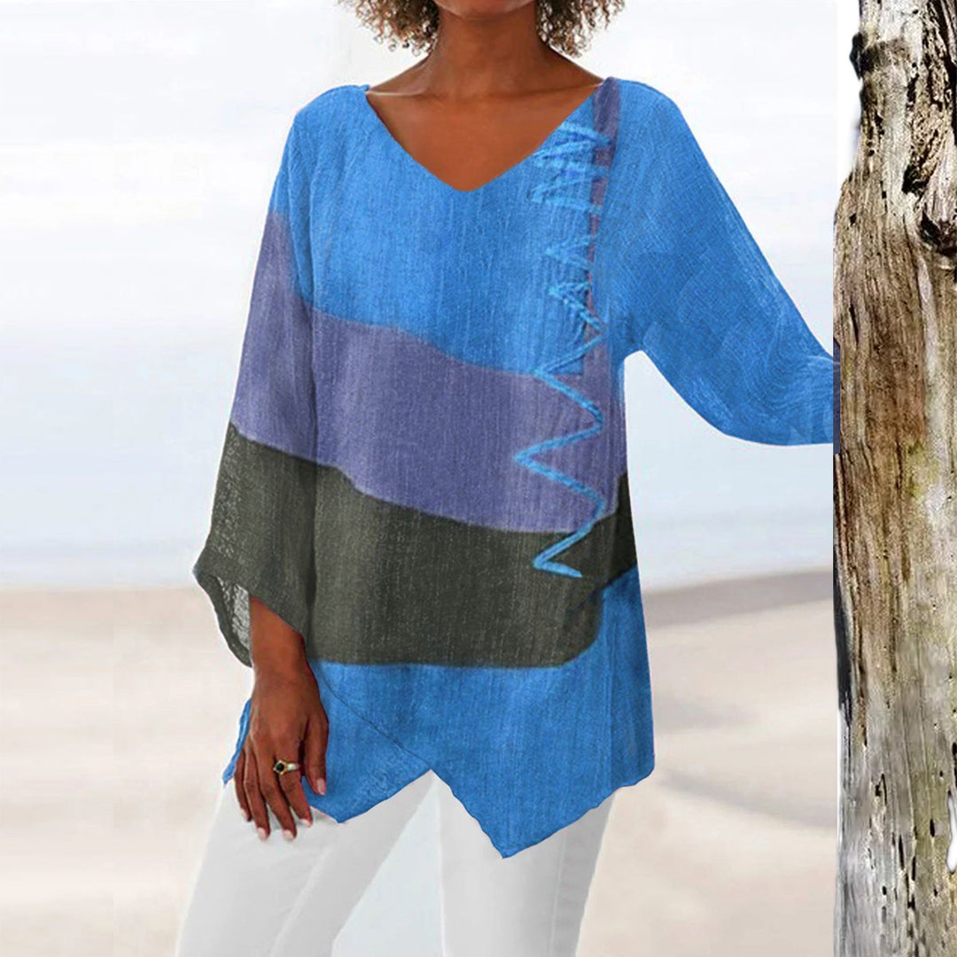 Frauen Casual A-Linien Leinenlook Tunika mit Farbblockstreifen und V-Ausschnitt – Avérine