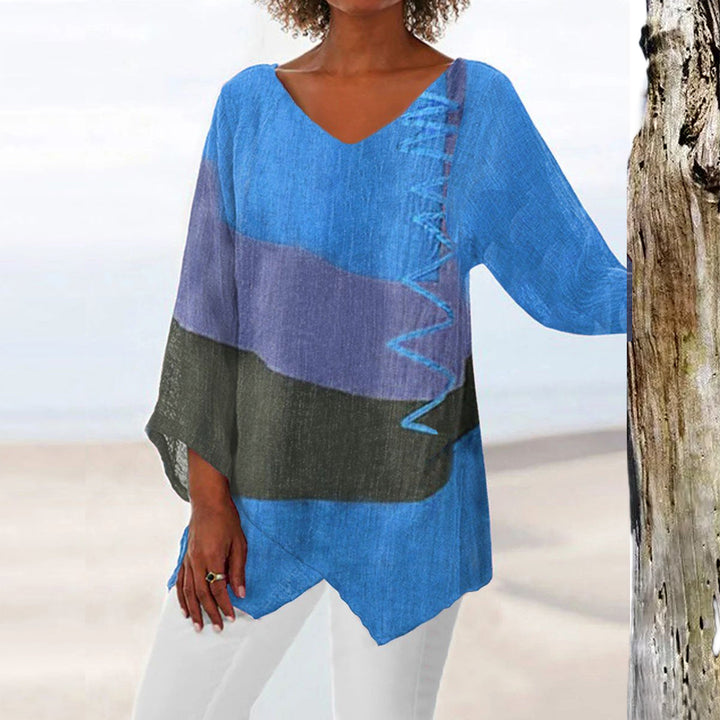 Frauen Casual A-Linien Leinenlook Tunika mit Farbblockstreifen und V-Ausschnitt – Avérine