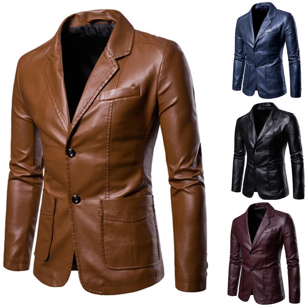 Herren nan schlanker Lederblazer mit Reverskragen und aufgesetzten Taschen Echo Archiv