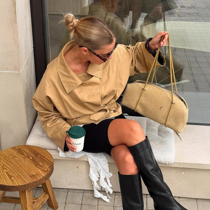 Damen Kurze Taillierte Canvas-Jacke mit Bindegürtel und überschnittenen Schultern Echoarchiv