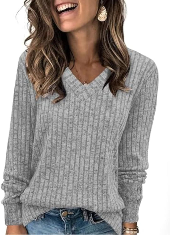 Damen gerippter V‑Ausschnitt Feinstrickpullover mit längerem Arm – Mavelle