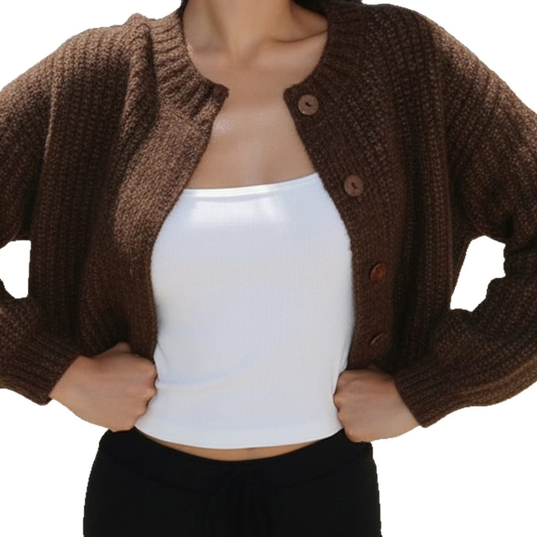Damen Kurzgeschnittene Rippstrick-Cardigan mit Ballonärmeln und Zierknopfleiste – Veloura