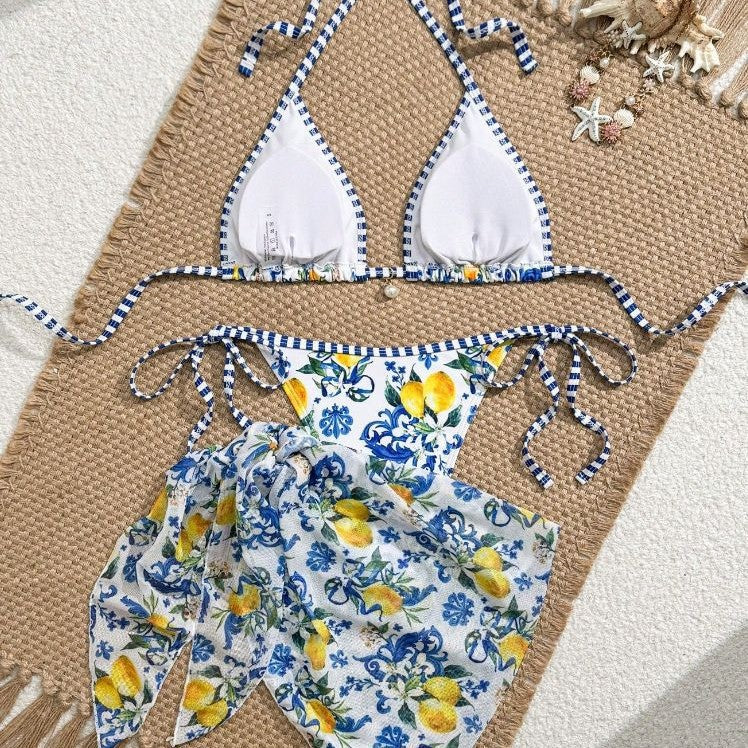 Damen Triangel-Bikini mit floralem Muster und verspieltem Pareo Echo Archiv