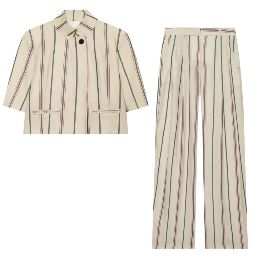 Damen Weite Leinenhose mit Bundfalten, hohem Bund und Längsstreifen Echoarchiv