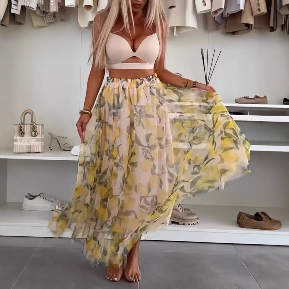 Damen nan fließender Maxi-Rock mit mehrlagigem Chiffon-Overlay, elastischem Bund und feinem Blumenprint Echo Archiv