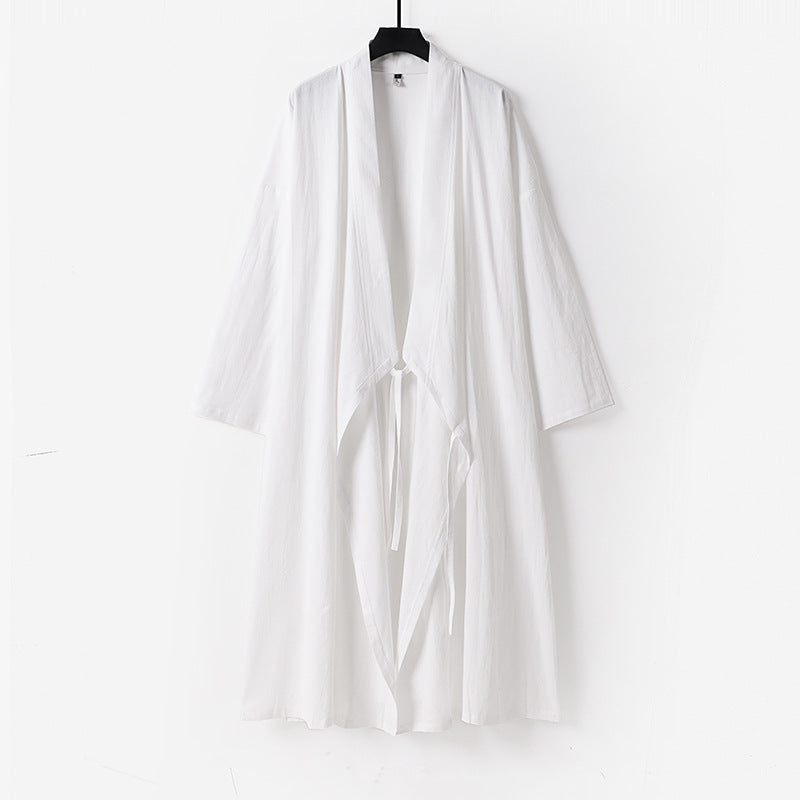 Unisex Langer Kimono-Mantel aus leichtem Baumwollmix mit drapierter Front und Bindeschlaufe Echoarchiv