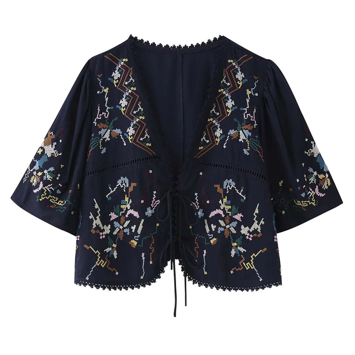 Damen nan bestickte Kimono-Jacke mit Bindeband, Häkelkante und ellenbogenlangen Ärmeln Echo Archiv