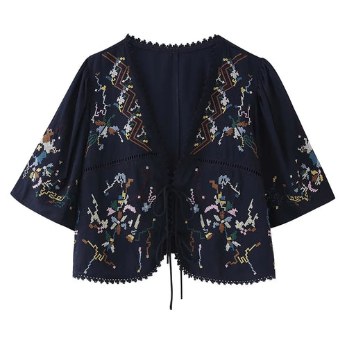 Damen nan bestickte Kimono-Jacke mit Bindeband, Häkelkante und ellenbogenlangen Ärmeln Echo Archiv