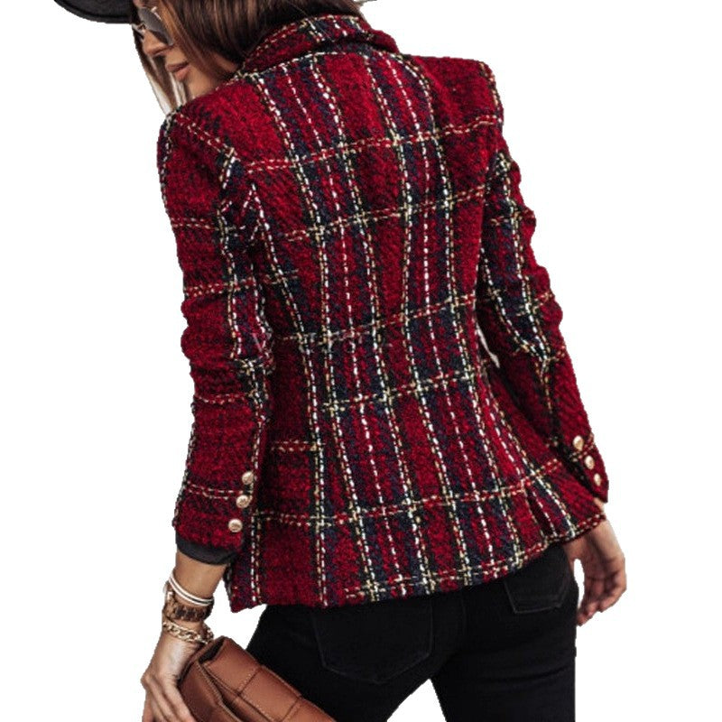 Damen Bouclé-Tweed-Blazer mit Karomuster und doppelreihiger Knopfleiste – Valéne