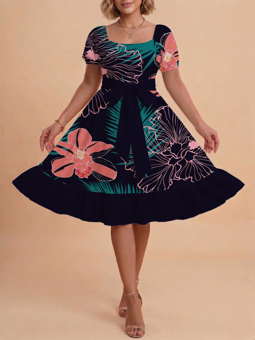 Damen A-Linien-Kleid mit floralen Motiven und taillierbarem Gürtel Echo Archiv