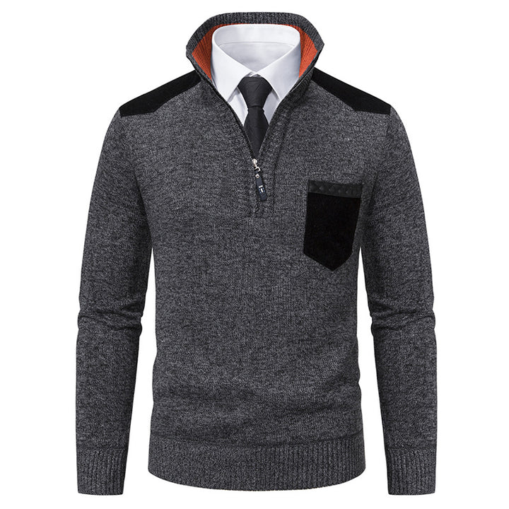 Herren nan Feinstrick-Halbzip-Pullover mit Stehkragen, Brusttasche und Schulterbesatz Echo Archiv