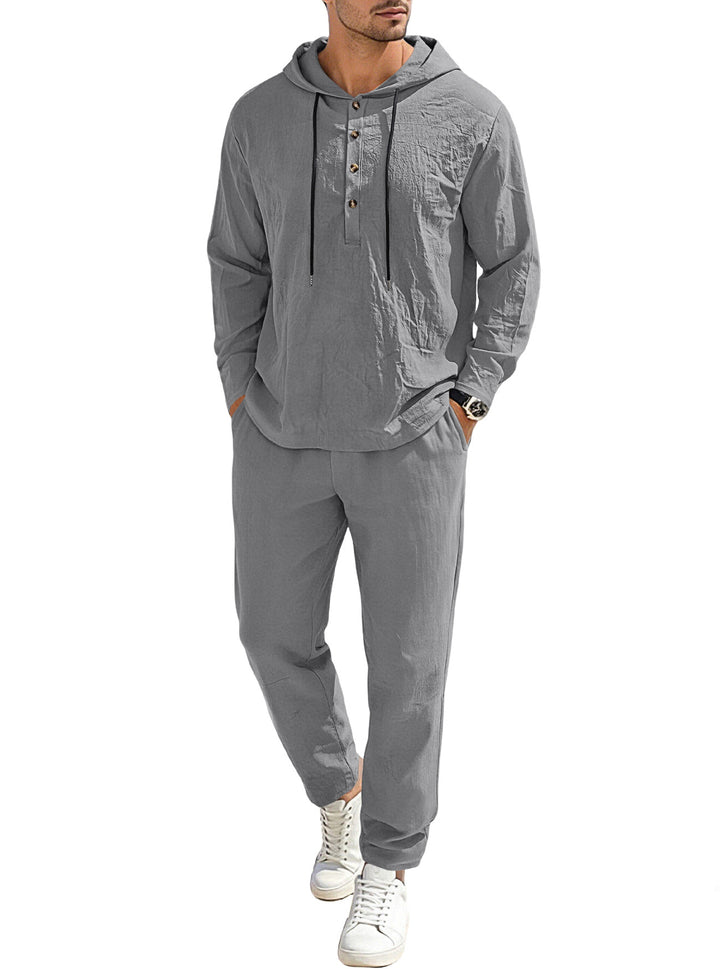 Herren nan entspannter Kapuzen-Henley Freizeitanzug aus leichter Baumwollmischung in Leinenoptik mit Kordelzug und elastischer Bundhose Echo Archiv