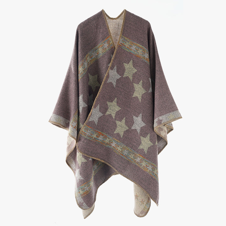Damen Oversize-Capeponcho aus Wollmix mit zweilagigem Stern‑Jacquard und dekorativer Kettelnaht – Montévia