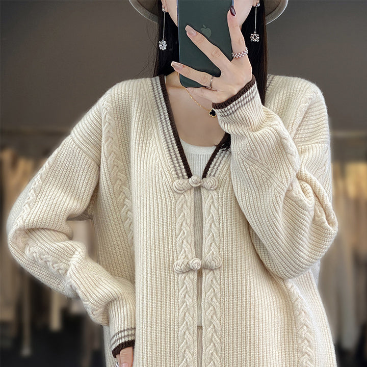 Damen Strickcardigan mit Zopfmuster und dekorativen Knotenverschlüssen Echoarchiv