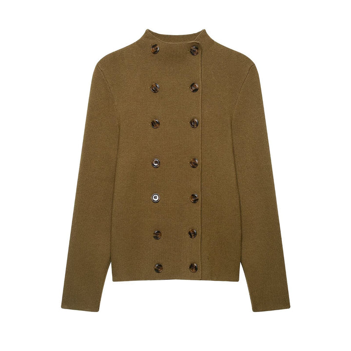 Damen Doppelreihige Cropped Strickjacke mit Stehkragen Echoarchiv