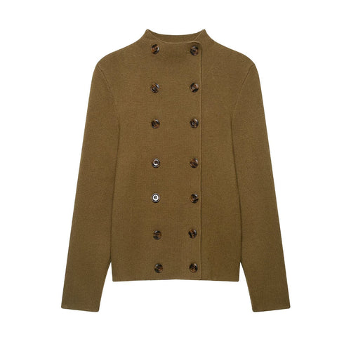 Damen Doppelreihige Cropped Strickjacke mit Stehkragen Echoarchiv