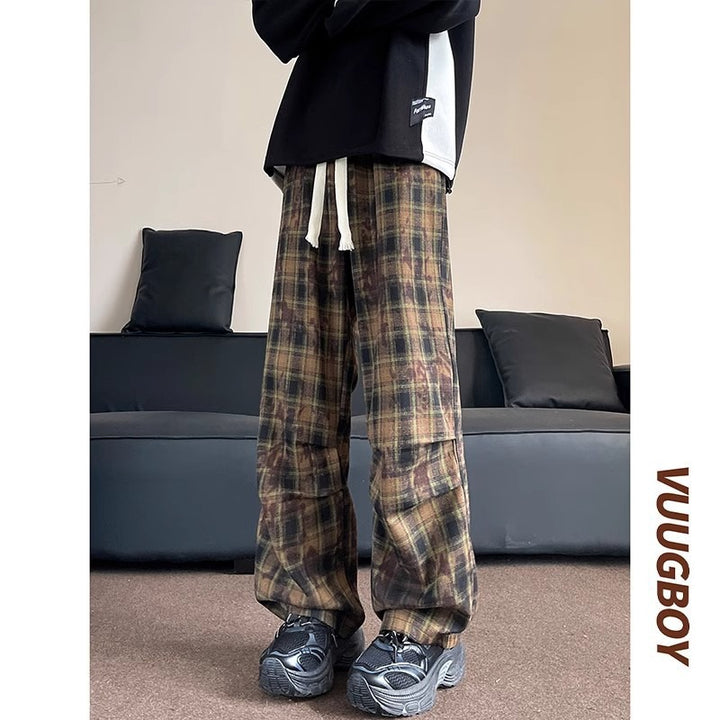 Herren weite karierte Flanellhose mit Kordelzug im Baggy-Schnitt Echoarchiv