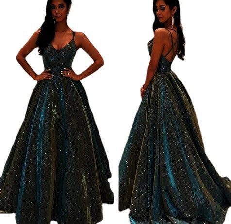 Echoarchiv | Damen Spaghettiträger V-Ausschnitt A-Linie Glitzer Maxikleid