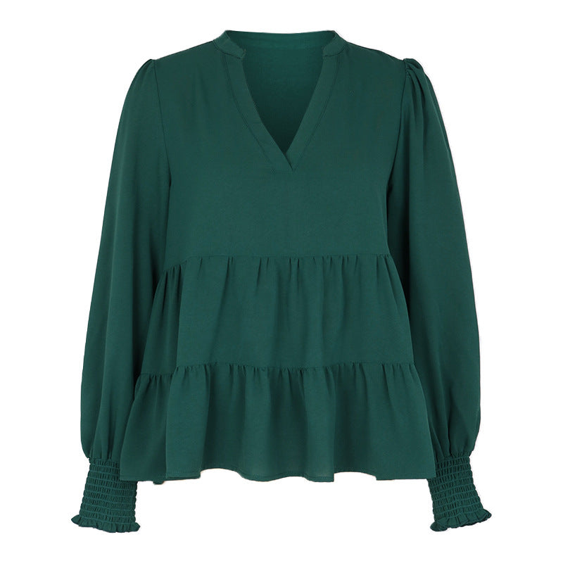 Damen Zweistufige Volant-Bluse mit V-Ausschnitt und gerafften Ärmelbündchen Echoarchiv