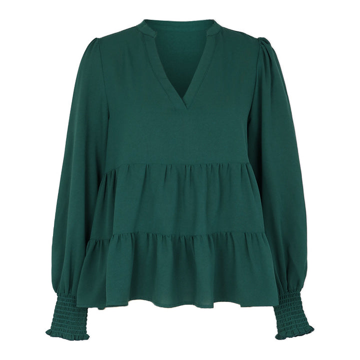Damen Zweistufige Volant-Bluse mit V-Ausschnitt und gerafften Ärmelbündchen Echoarchiv
