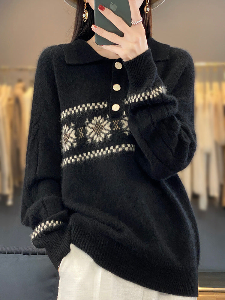 Damen Oversize-Polokragen-Strickpullover mit Norweger‑Motiv und Raglanärmeln Echoarchiv