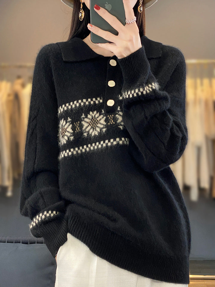 Damen Oversize-Polokragen-Strickpullover mit Norweger‑Motiv und Raglanärmeln Echoarchiv