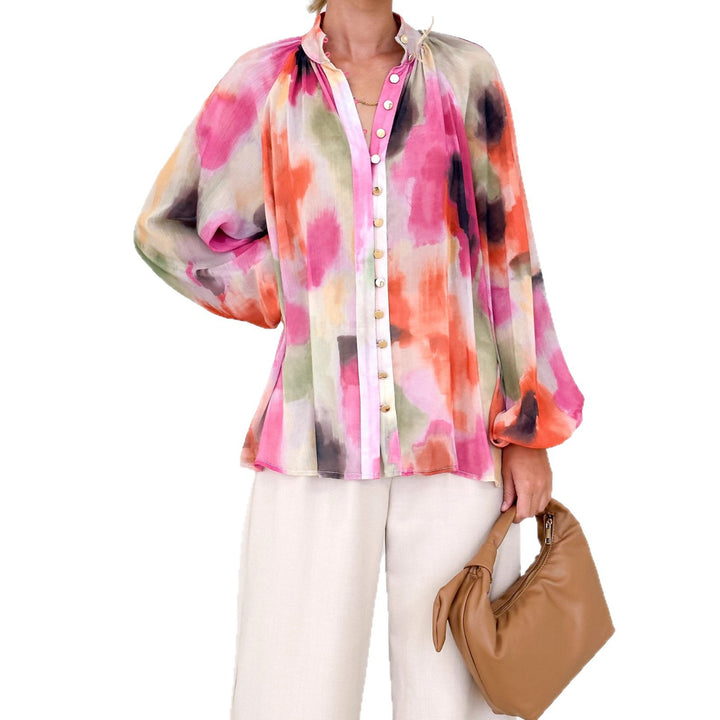 Damen nan Chiffon-Bluse mit Aquarell-Print, Stehkragen, verdeckter Knopfleiste und Ballonärmeln Echo Archiv