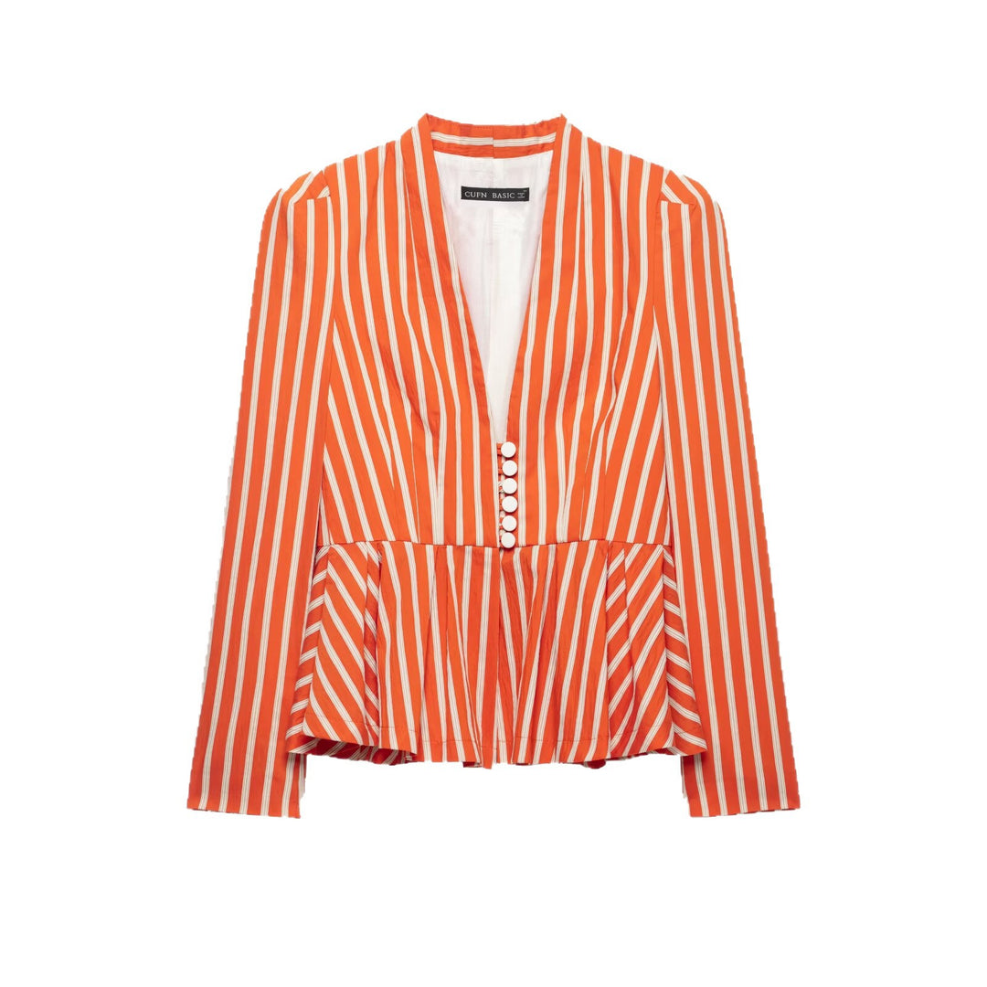 Damen Gestreifte taillierte Peplum‑Jacke mit V‑Ausschnitt und Zierknöpfen Echoarchiv