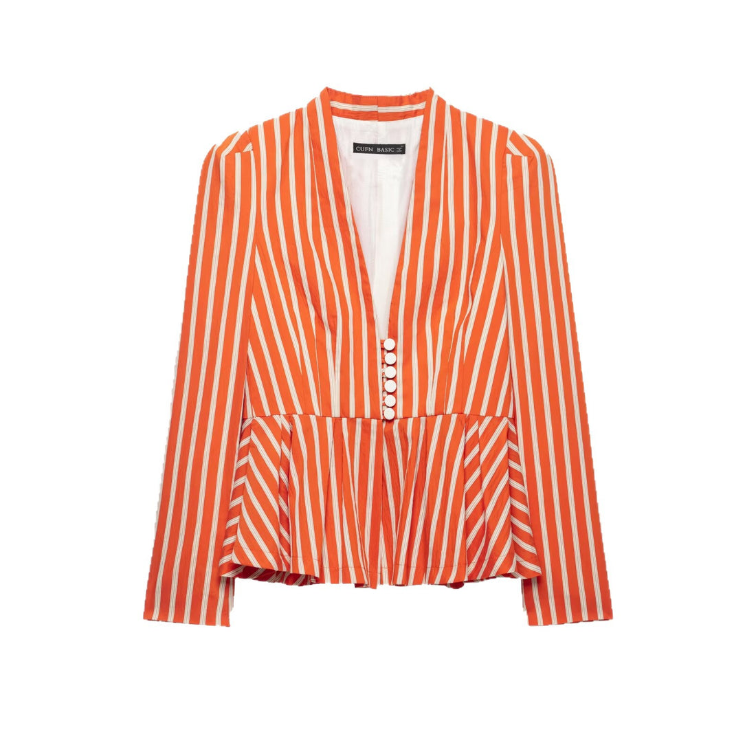 Damen Gestreifte taillierte Peplum‑Jacke mit V‑Ausschnitt und Zierknöpfen Echoarchiv
