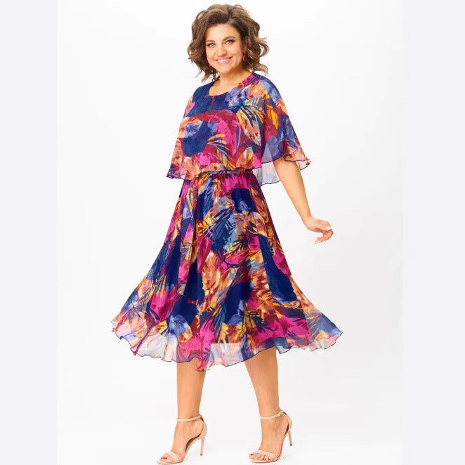 Damen Chiffon Midi Kleid mit capa Ärmeln und elastischem Taillenbund Echoarchiv