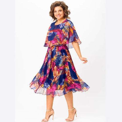 Damen Chiffon Midi Kleid mit capa Ärmeln und elastischem Taillenbund Echoarchiv