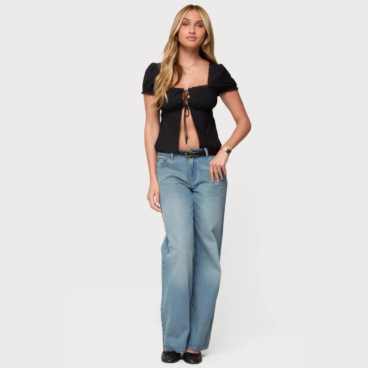 Damen Crop-Oberteil mit Spitzenbesatz und Schnürdetail Echo Archiv