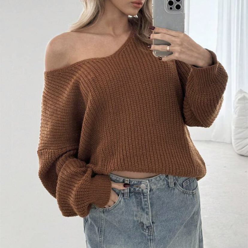 Damen Cropped Oversize Strickpullover mit asymmetrischem Off-Shoulder und voluminösen Ärmeln – Mavelle