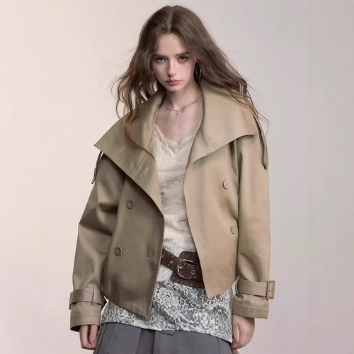 Damen Oversized Doppelreihige Trench-Bomberjacke mit hohem Stehkragen Echoarchiv