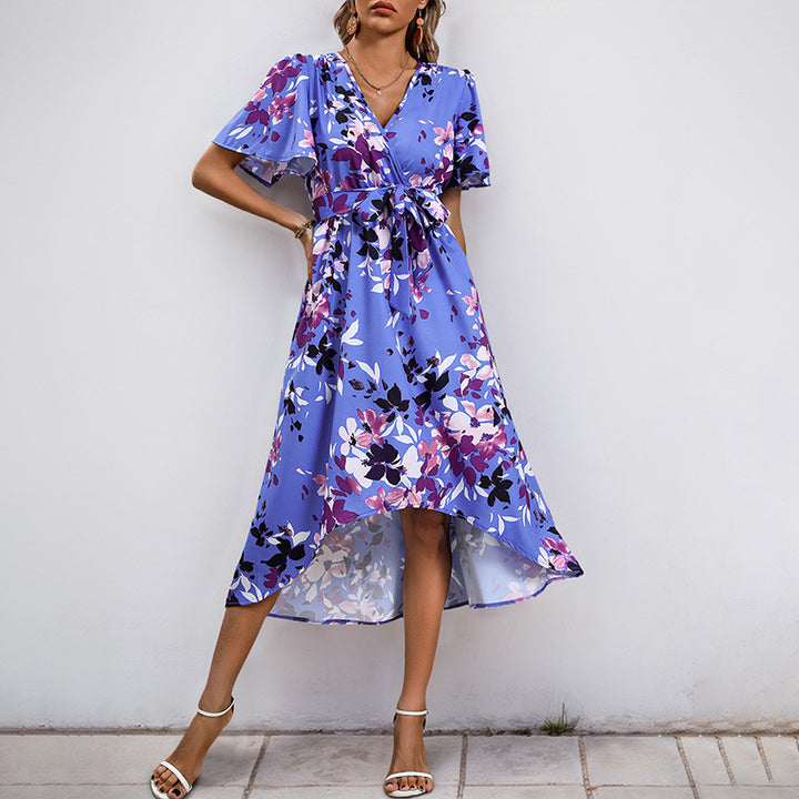 Damen Leichtes Chiffon-Midikleid Wickeloptik mit V-Ausschnitt, Taillenband und asymmetrischem Zipfelrock Echoarchiv